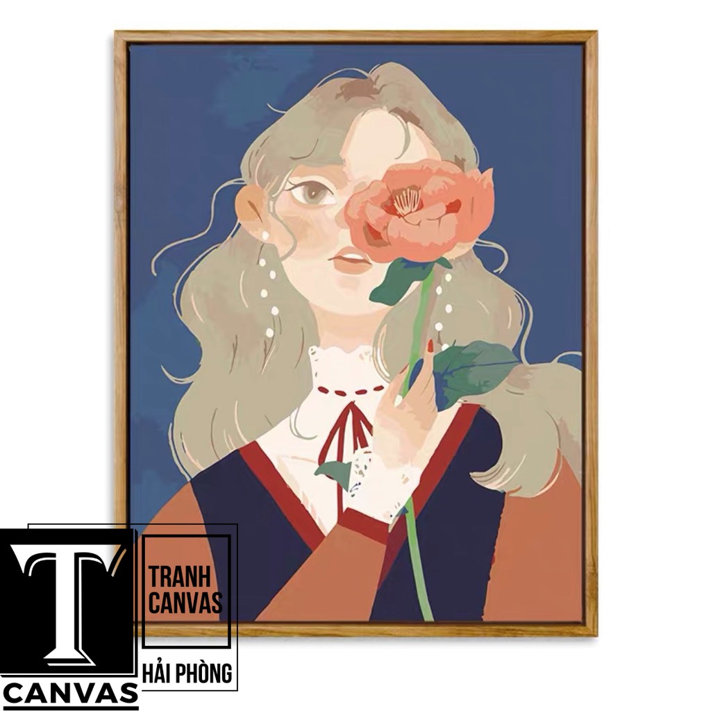 Tranh canvas treo tường phòng khách, tranh hiện đại nghệ thuật Cô gái cầm hoa CG72-81