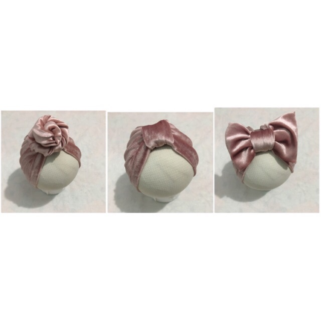 Mũ turban cho bé gái: vải nhung màu hồng