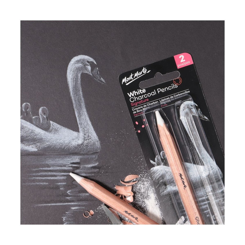 Bộ 2 Bút Chì Than Trắng Mont Marte - White Charcoal Pencils Lge Hex Signature 2pc - MPN0097