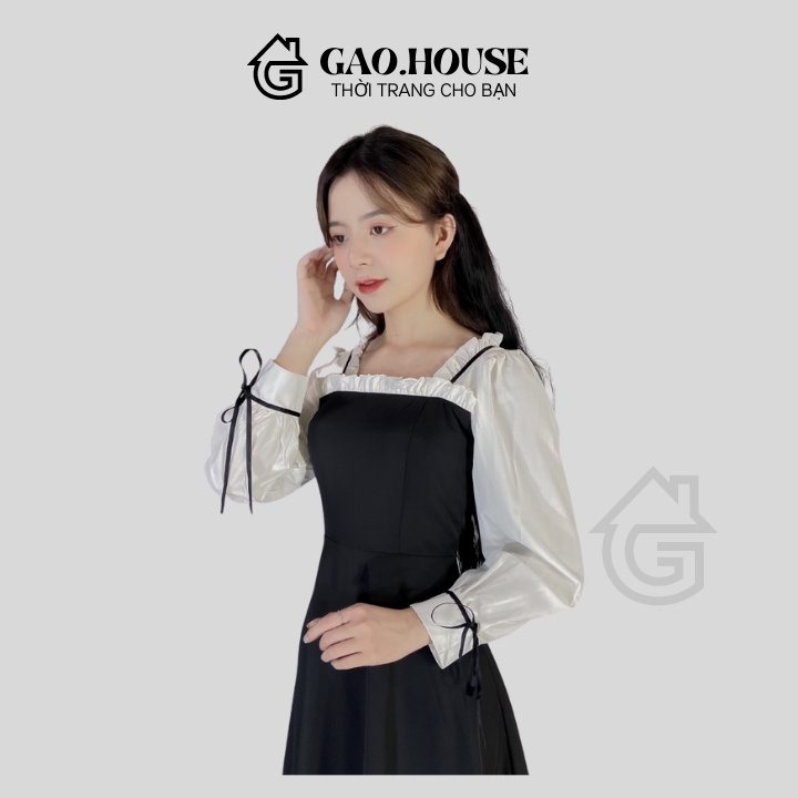 Váy đầm đen cổ vuông Gạo House thiết kế cao cấp tay trắng nơ