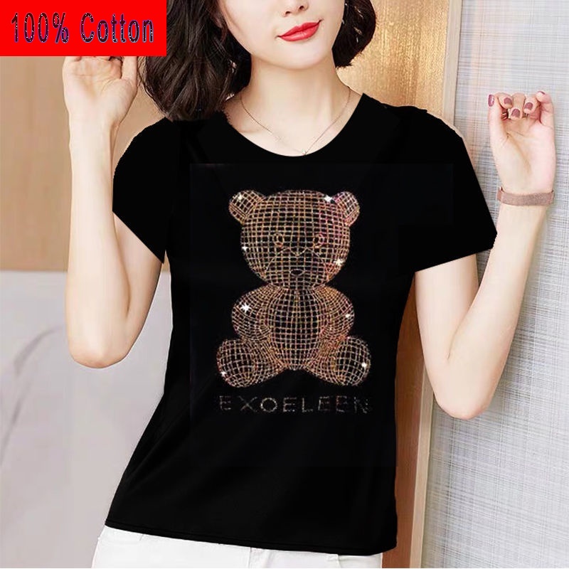 Áo Thun 100 cotton Màu Đen Tay Ngắn Cổ Tròn Cỡ Lớn Thời Trang Cho Phụ Nữ Trung Niên