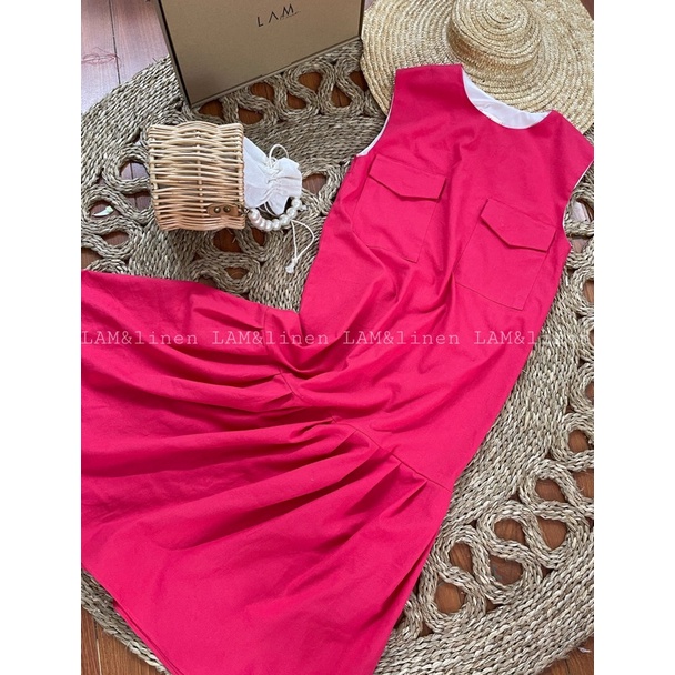 Đầm suông đuôi cá vải Linen 2 túi hộp - Nhiều màu