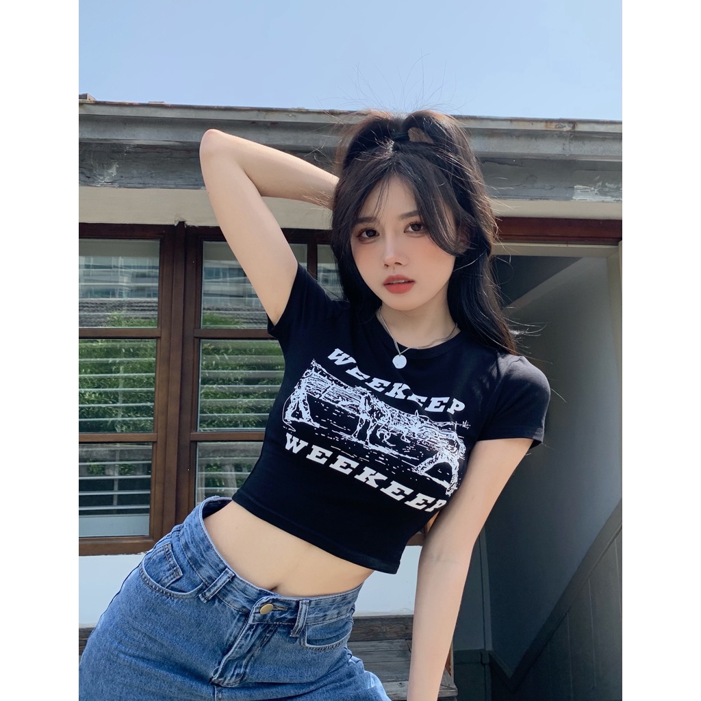 Áo Croptop Nữ WEEKEP BOM HOUSE Chất Liệu Thun Bo Gân