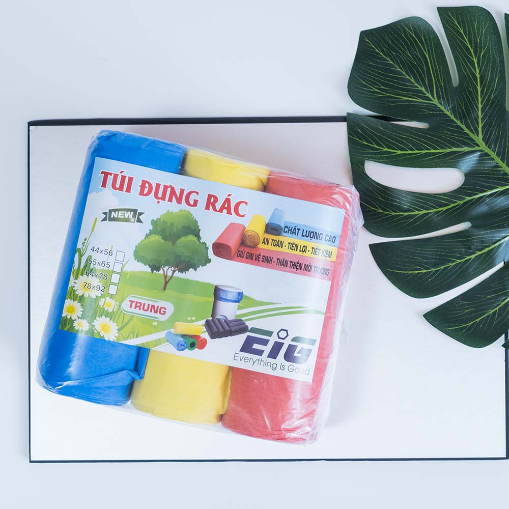 Túi đựng rác phân hủy sinh học EIG , lốc 3 cuộn 3 màu , cỡ trung