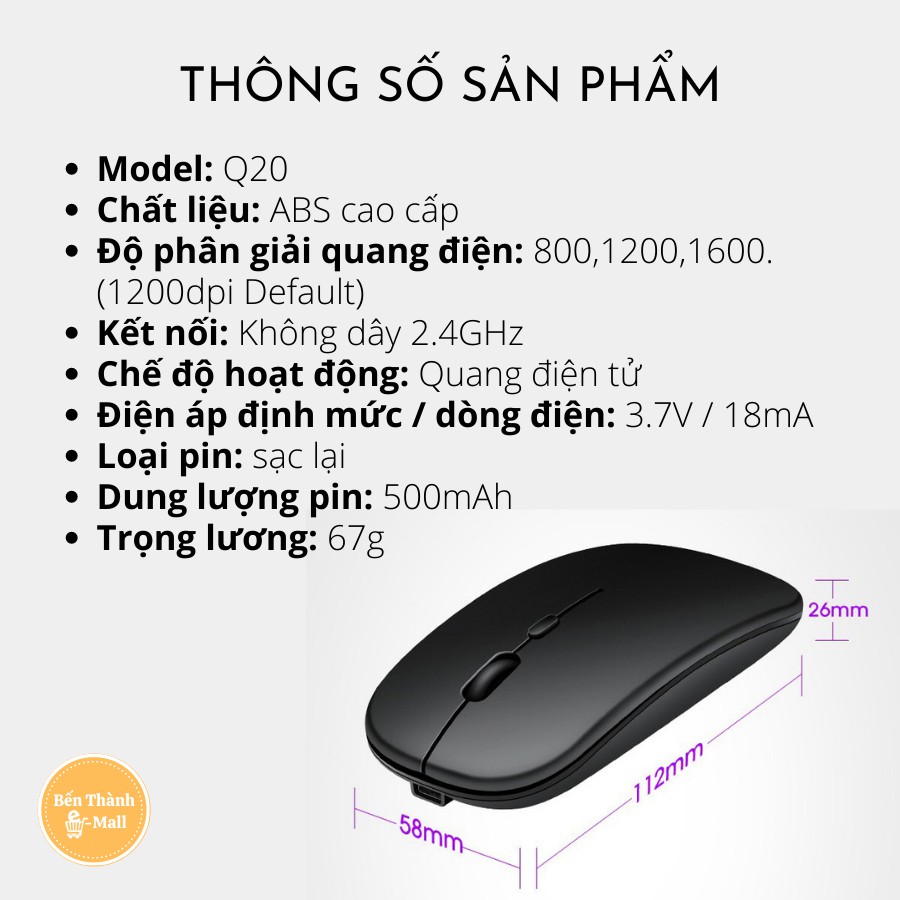 Chuột không dây không gây tiếng ồn tự sạc pin siêu mỏng chuyên dùng cho Máy tính, pc, Laptop, Tivi