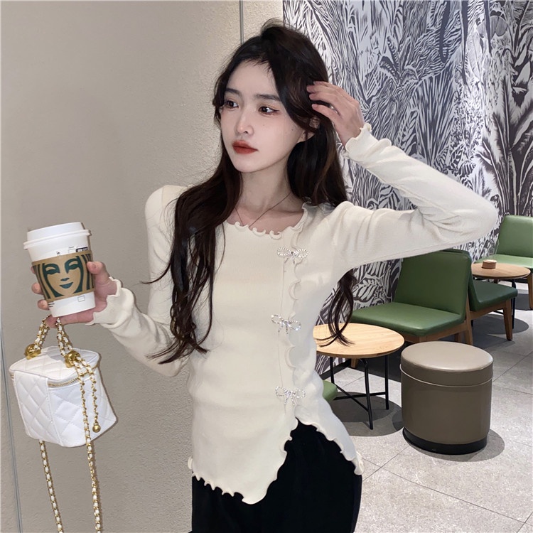 Áo dệt kim QKOOLE tay dài dáng ôm cổ chữ V đơn giản phong cách Hàn Quốc dành cho nữ