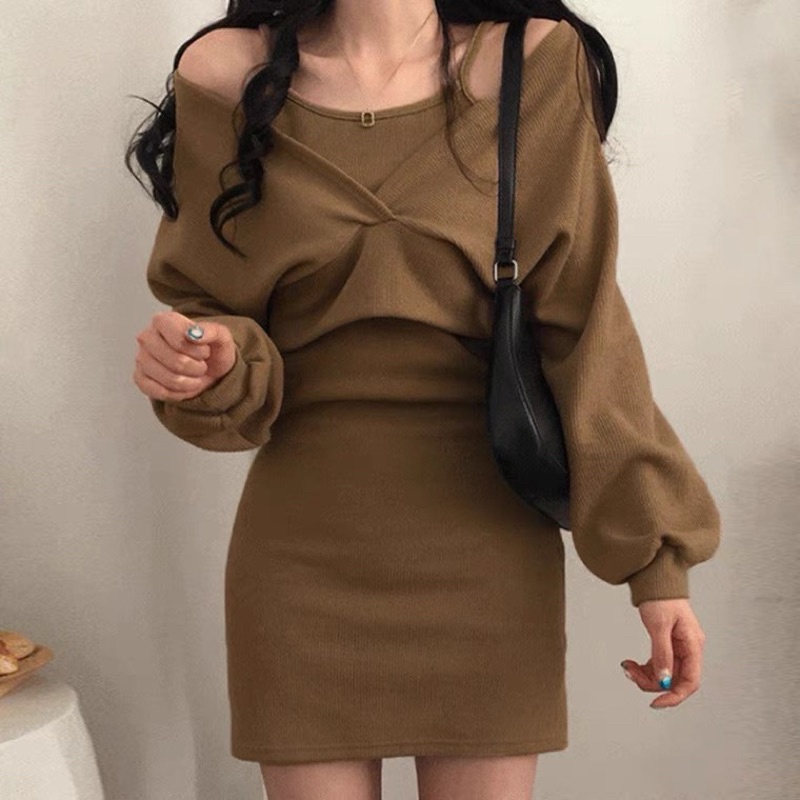 ( ảnh thật trong video) Set váy dây và áo dài tay cổ tim croptop màu nâu và đen tôn dáng style Hàn Quốc