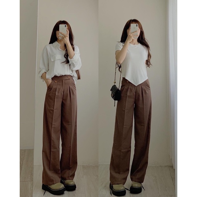 Quần suông ống rộng cạp cao khuy trước tôn dáng, Quần vải ống rộng nữ túi trước màu Đen/Ghi/Nâu/Trắng vải ruby form xinh