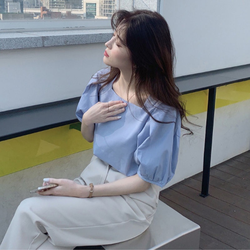 Áo sơ mi IELGY tay ngắn cổ vuông dáng rộng phong cách Pháp thời trang cho nữ