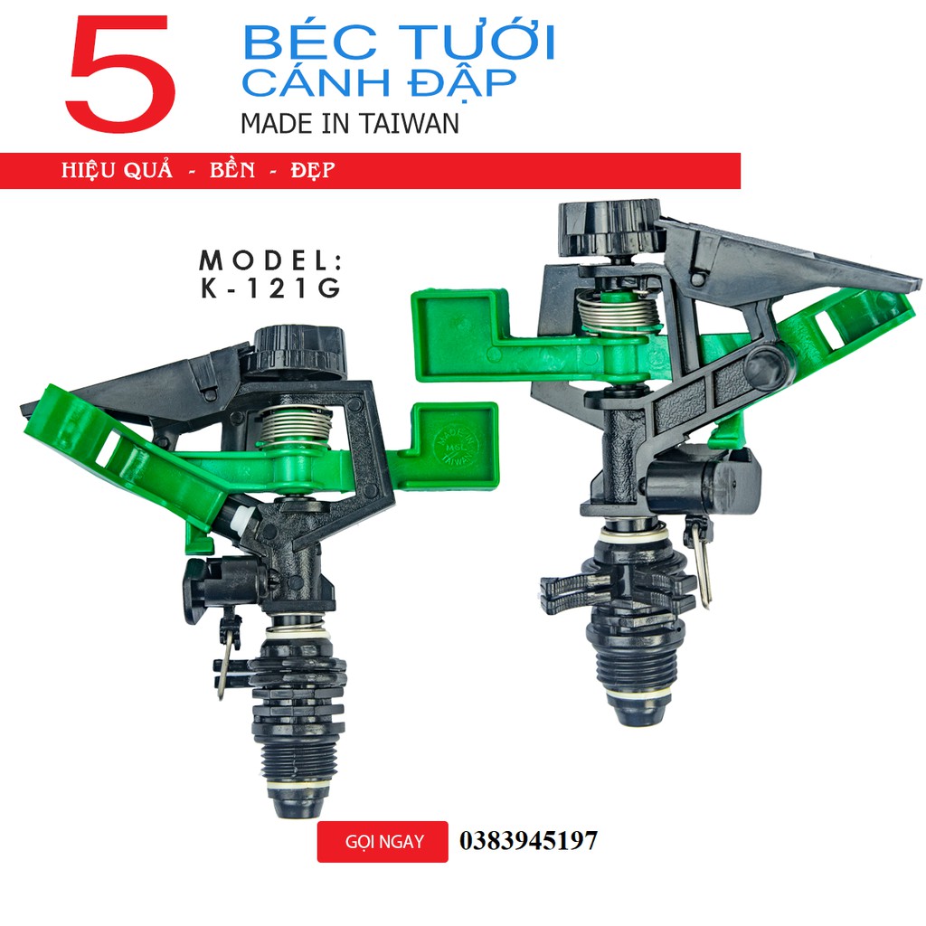 Combo 5 Taiwan- K121G Béc tưới cây cánh đập tùy chỉnh góc xoay 360 độ ren 21, bán kính 6-8m, 1 vòi phun