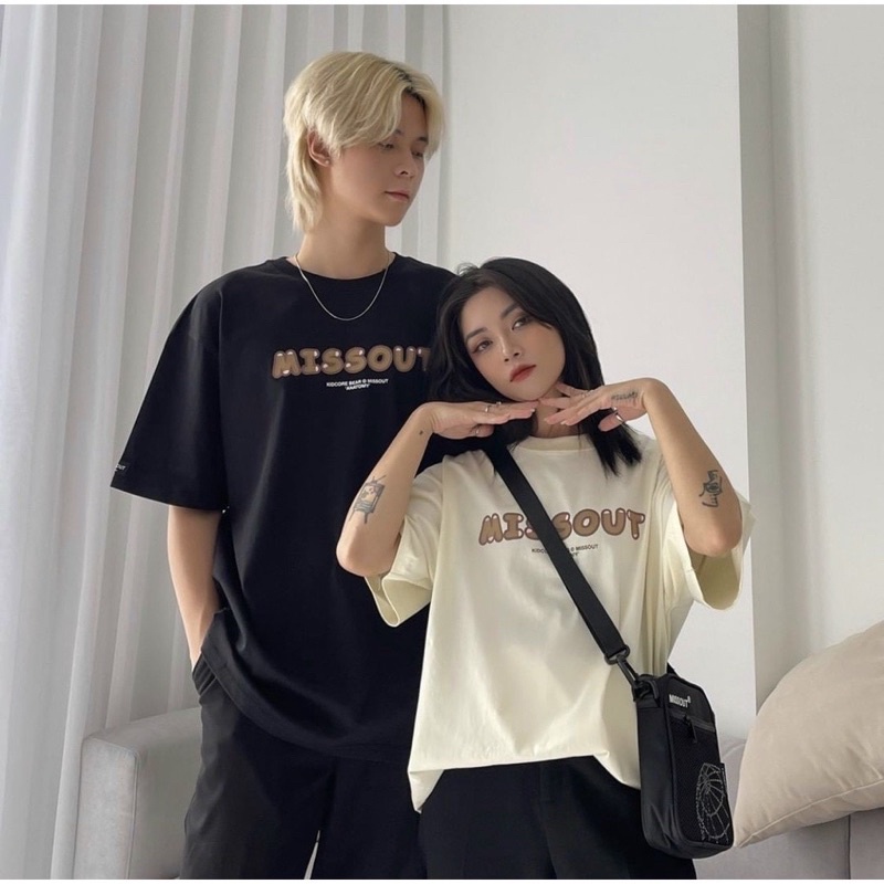 Áo Thun Tay Lỡ Unisex MISSOUT GẤU màu ĐEN/TRẮNG 🧸 FREESHIP 🧸 Form Nam Nữ Unisex - Kiểu áo phông cổ tròn form rộng