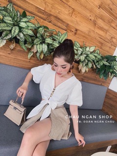 Áo Croptop nút Khuy bọc buộc eo nơ (ảnh thật )