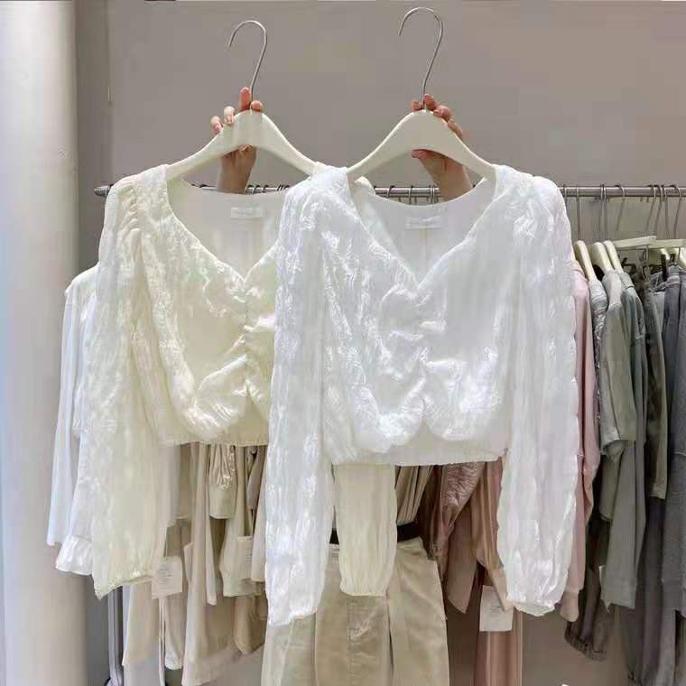 Áo sơ mi crotop tay dài nhún ngực điệu đà!  Ulzzang style Hàng Quảng Châu