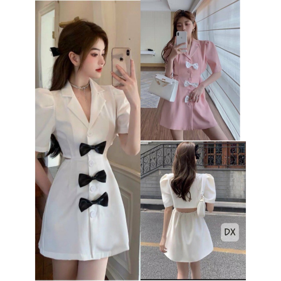 Đầm Cut Out Nữ Cổ Vest , Cộc Tay Cúc Cài Phối Nơ 2 Màu