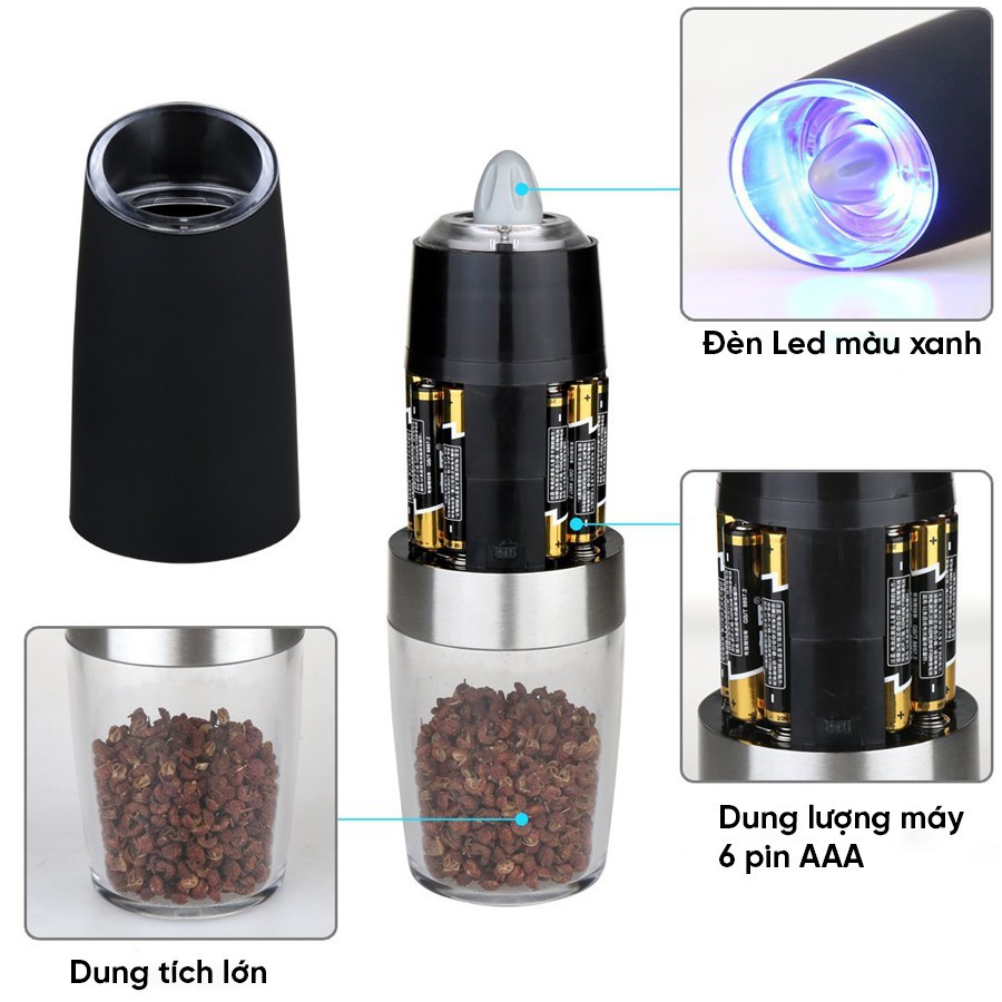 Máy Xay Tiêu Cầm Tay Tự Động Chạy Pin - Cối Xay Tiêu, Hạt Gia Vị Có Đèn Led, Lõi Mài Gốm Ceramic Cao Cấp, Tiện Dụng