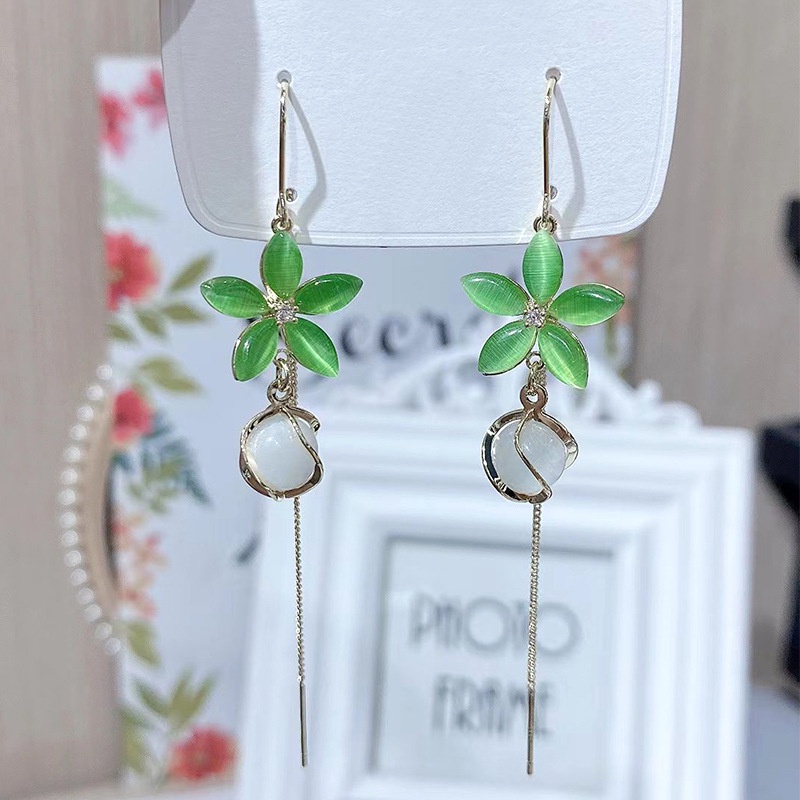 Bông Tai Dáng Dài Đính Đá Opal Hình Hoa Đơn Giản Thời Trang Cho Nữ PD802