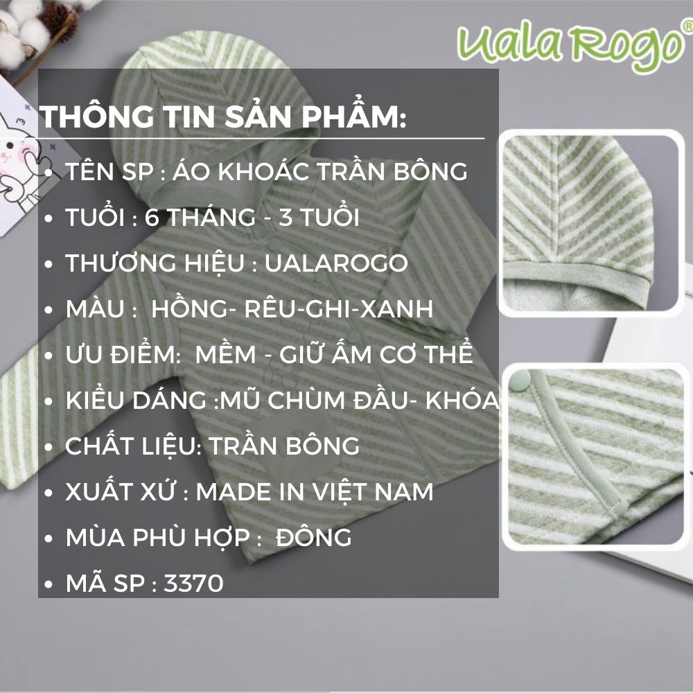 Áo khoác cho bé Uala rogo 6 tháng - 3 tuổi trần bông có mũ chùm đầu kéo khóa kẻ ngang 3370