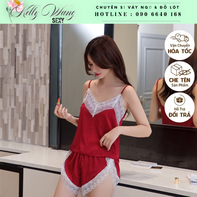 SX251 - Bộ ngủ lụa satin Phối ren KELLY WANG