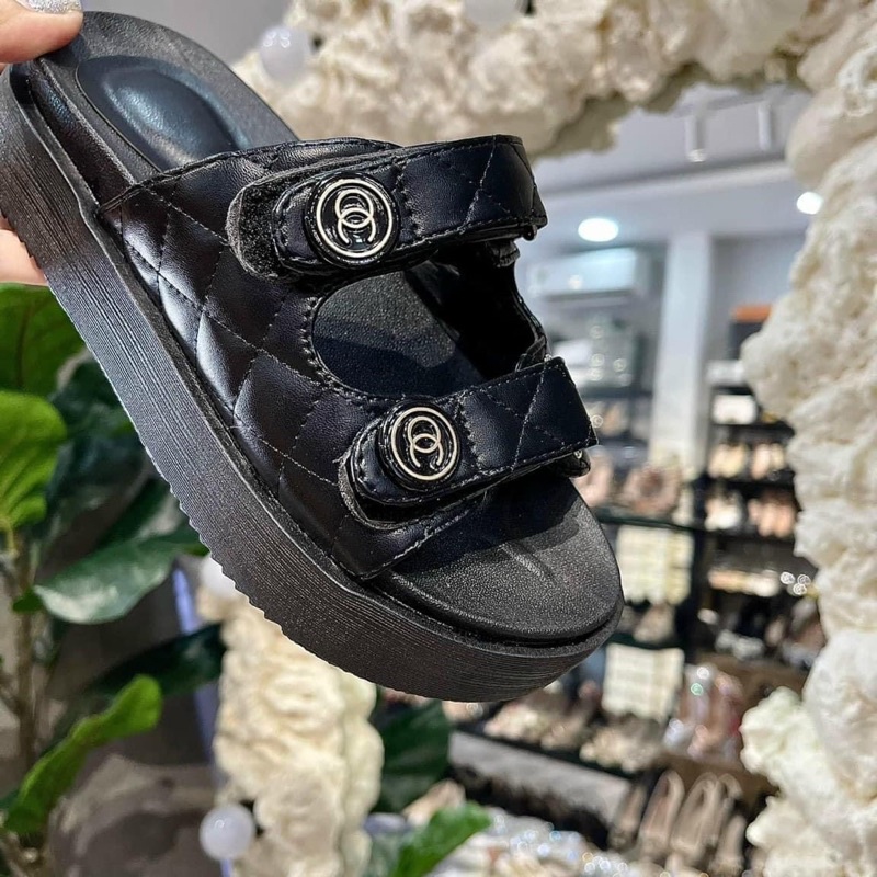 SORAMI.SHOES-Dép nữ 2 quai dán da mềm êm chần chỉ kiểu dáng trẻ trung