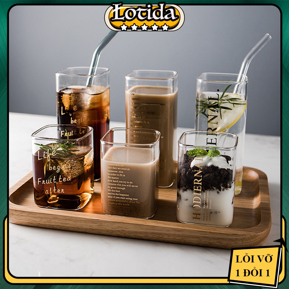 Ly uống nước thủy tinh vuông chịu nhiệt dễ thương, Cốc thủy tinh cao cấp uống cafe, sinh tố cute decor LOTIDA