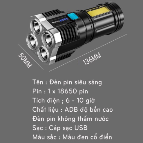 Đèn Pin Cầm Tay Chiếu Xa Siêu Sáng 4 Bóng 4 Chế Độ Sạc USB, Đèn Pin Led, Du Lịch