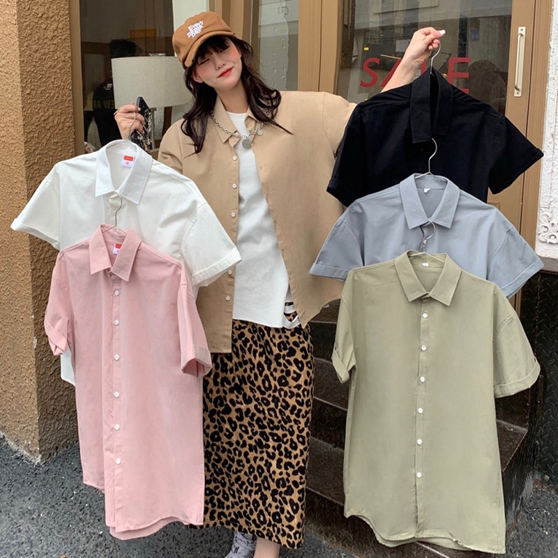 Áo sơ mi nữ SUXI tay ngắn dáng rộng màu trơn kiểu Hàn Quốc thời trang mùa hè