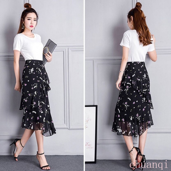 Chân váy voan hoa lưng cao xếp ly thời trang mùa hè