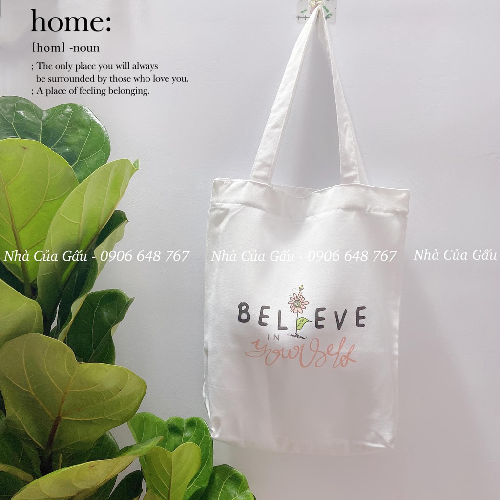 Túi tote trắng họa tiết mới believe và beautiful đẹp dã man luôn ạ