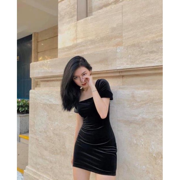 Đầm đen Velve Dress sang chảnh đẹp độc lạ đầm dự tiệc có dây khoá kéo sau lưng co giãn nhẹ - váy cổ xuông ôm body  ྇ ་