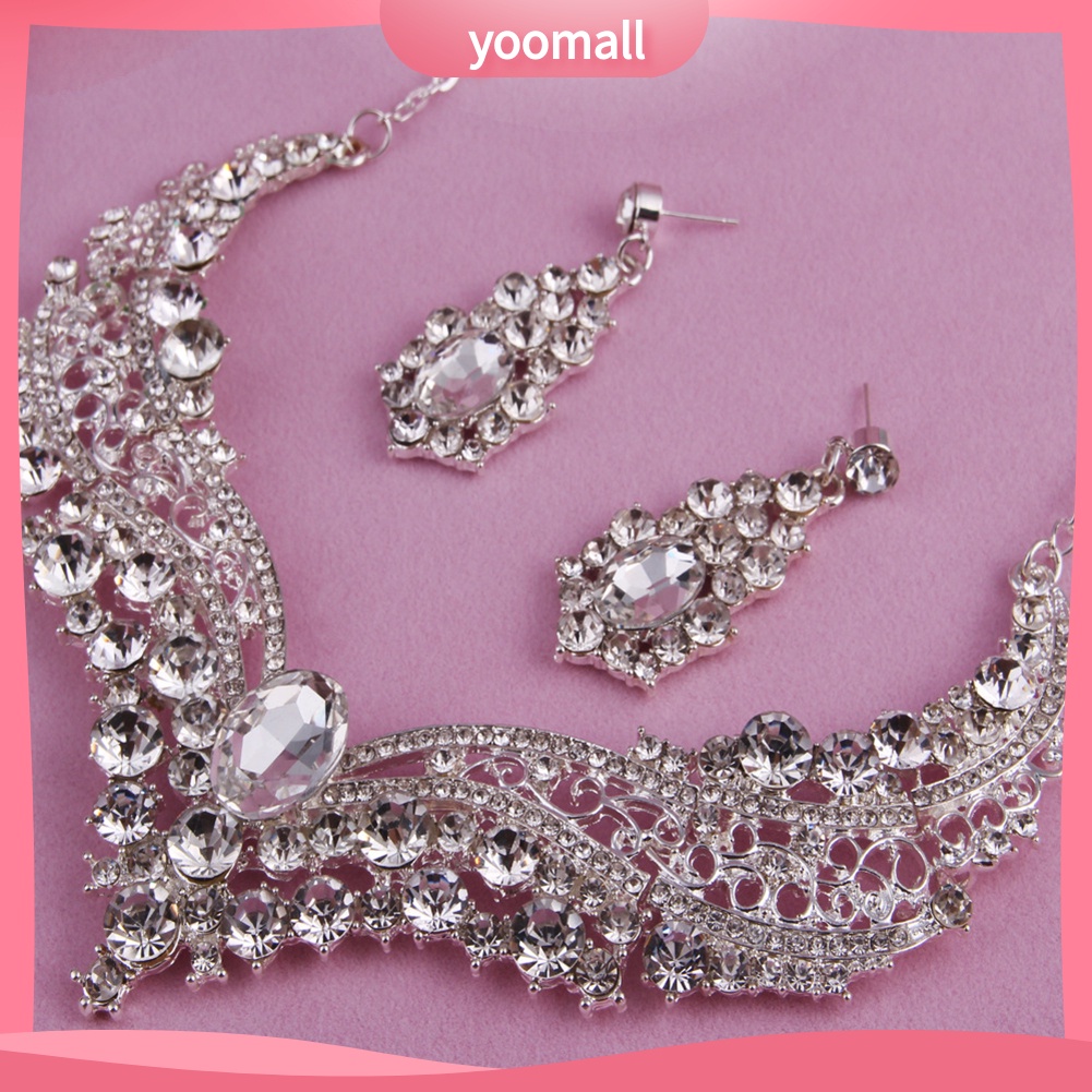 Bộ Vòng cổ + Bông Tai Đính Đá Sáng Bóng Cho Cô Dâu