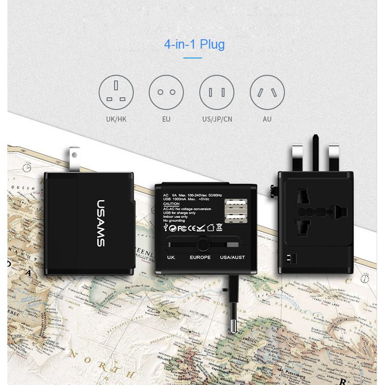 Bộ sạc du lịch toàn cầu USAMS US-CC044 T2 Dual USB Universal Travel Charger( 4 in 1 Adapter,US/AU/EU/UK)