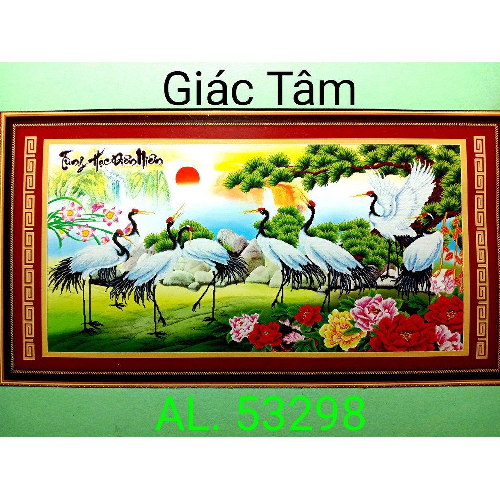 Tranh thêu BÁT HẠC ĐỒNG XUÂN - 143x76cm - AL.53298 AL53298 - 8 HẠC HOA MẪU ĐƠN TÙNG CHỮ - tranh thêu chữ thập chưa thêu