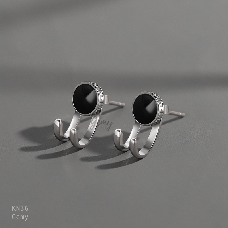 Khuyên tai nam bạc tròn mặt đen s925 xi bạch kim Shadow Hunter độc đáo, cá tính, unisex (1 chiếc) | GEMY SILVER KN36