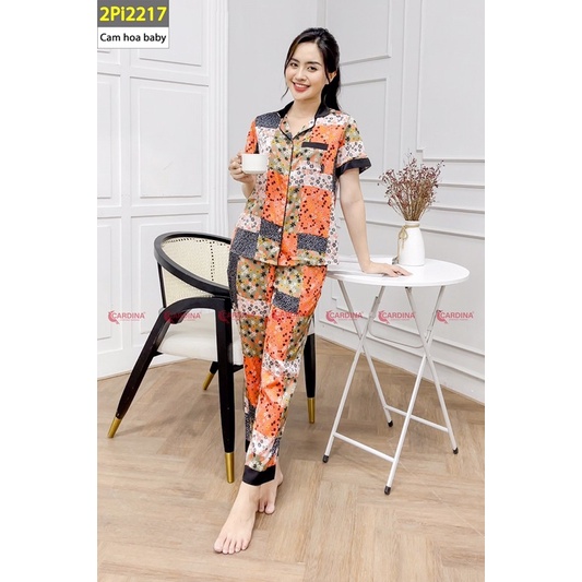 Đồ bộ Pyjama cộc tay quần dài hoạ tiết cao cấp CARDINA mã PI06 chất lụa Satin Nhật co giãn nhẹ
