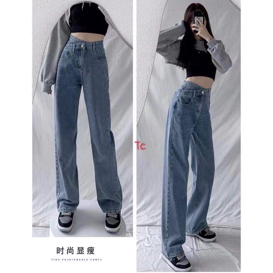 Quần Bò rộng cạp chéo Chất dày đẹp, chuẩn fom dài chùm giầy.Dài 1m nên chị em nào thích mặc dài nên mua nha,size s,m,l