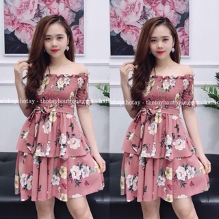 Đầm hoa hồng to trễ vai nhúng thun