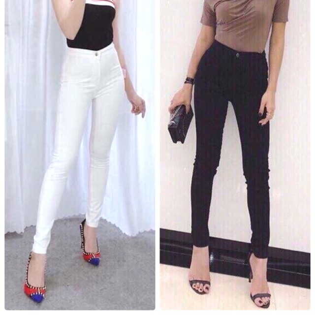 Quần jeans trắng đen cạp cao không túi nữ - 140