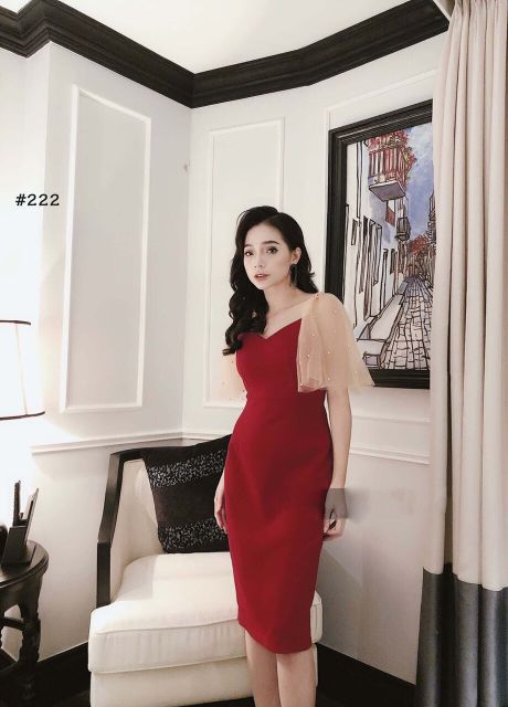 Đầm body đỏ tay lưới da (có ảnh thật)