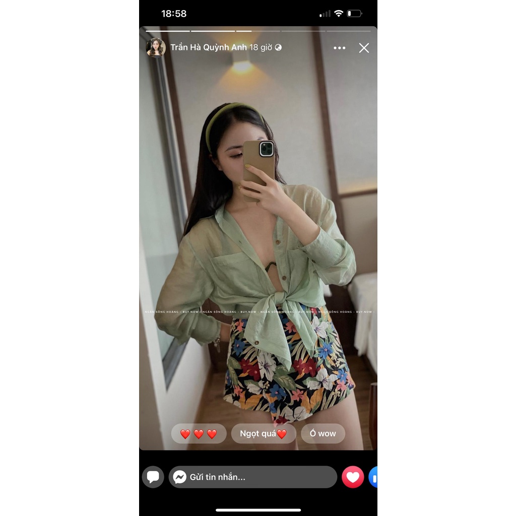 Áo sơ mi nữ cổ chữ V màu tơ xanh dáng suông gợi cảm, BUY. NOW