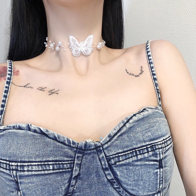 Vòng đeo cổ Choker 3 dây hạt phối bướm vải thêu mã S-105