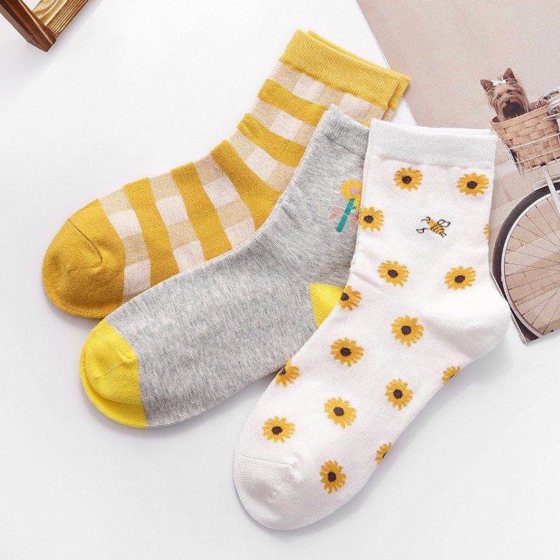 Set 3 đôi tất cổ cao Bivota vớ nữ dễ thương tone vàng vintage ngọt ngào T99