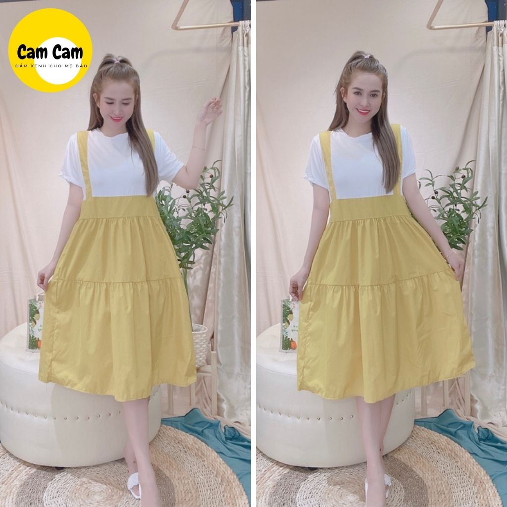 Váy bầu xinh đầm bầu trang phong cách trẻ trung nơ sau cực xinh  tháng mát màu vàng