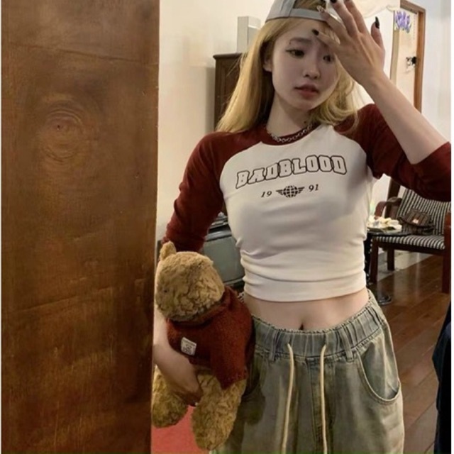 Áo Croptop 19 BADBLOOD GB thể thao cổ tròn tay dài phối màu Nữ Chất Thun gân kiểu hàn quốc - alohashop91