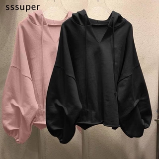 Áo Hoodie Cổ Chữ V Dáng Rộng Màu Trơn Thời Trang Dành Cho Nữ