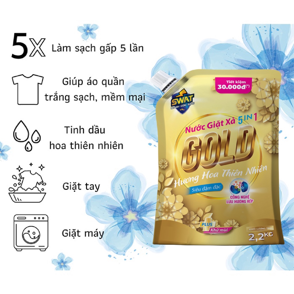 Nước Giặt Xả GOLD 5 in 1 SWAT hương Coco Mademoiselle sang trọng Túi 2.2Kg Tiện Dụng diệt khuẩn lưu hương lâu CLEANHOUSE