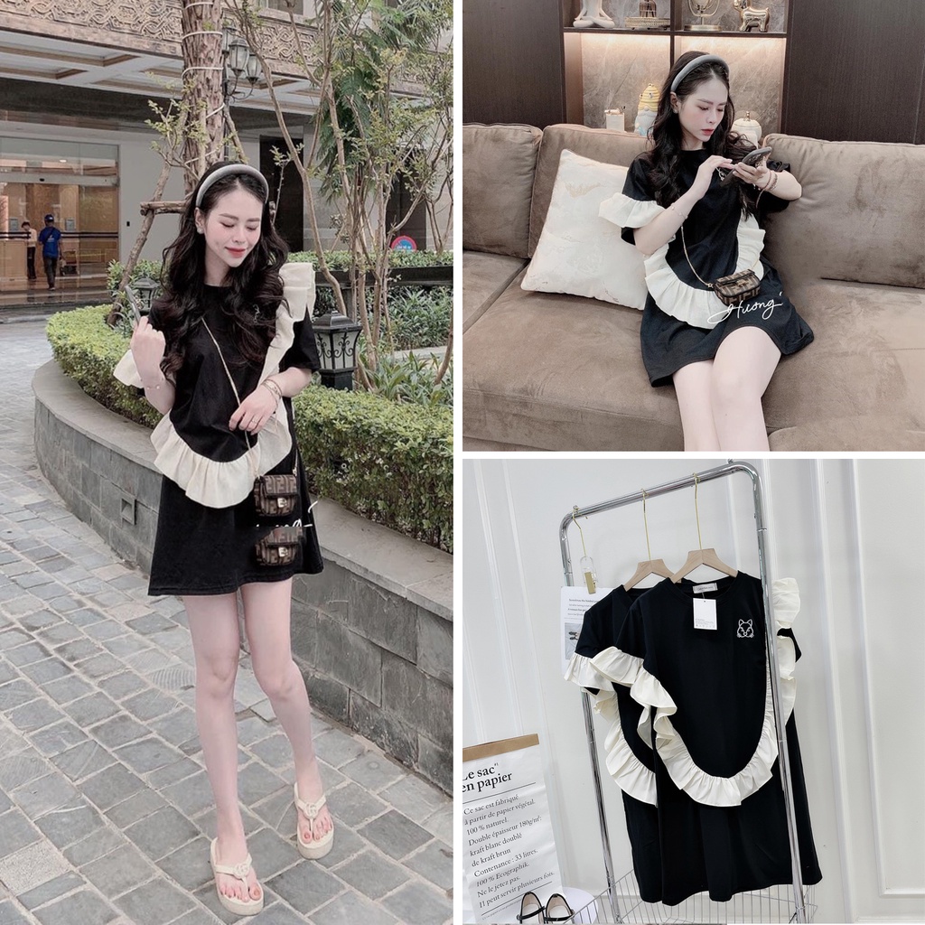 Đầm cotton phối bèo thêu hình chú sóc xinh xắn DN745