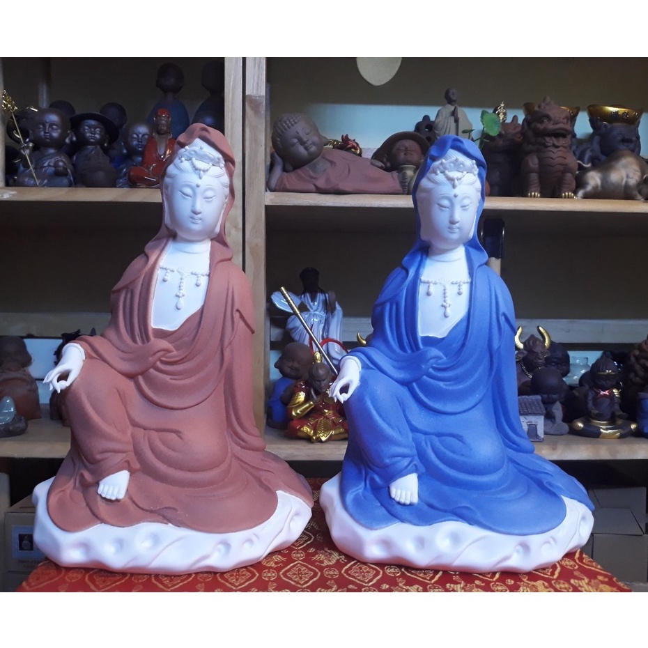 Tượng Quan Âm gốm trắng tọa thiền tịnh tâm- Tượng phật gốm tử sa trang trí decor ghép lũa