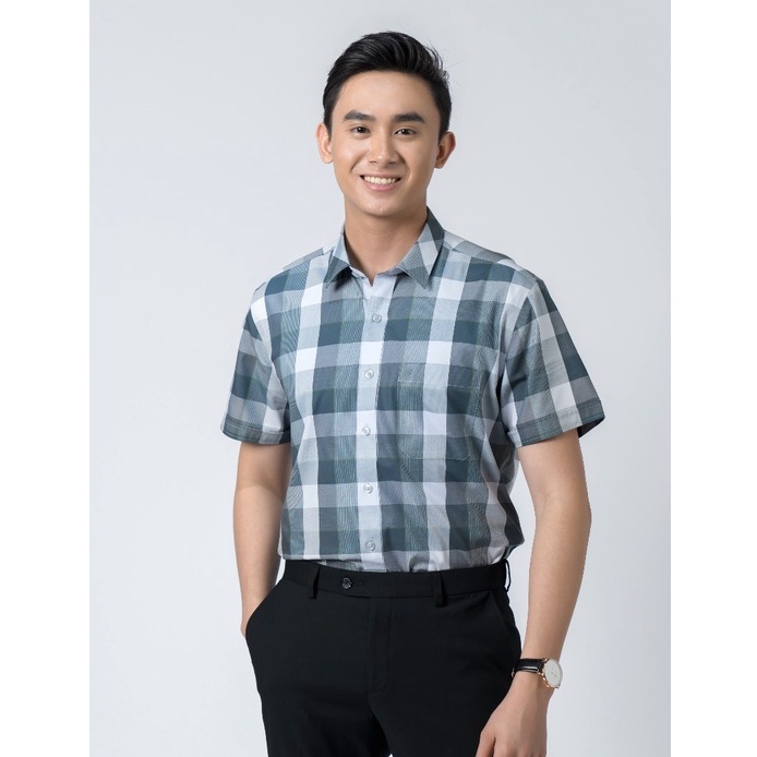 OWEN - Áo Sơ mi ngắn tay Owen vạt ngang chất sợi bạc hà kẻ ca rô xanh 220409