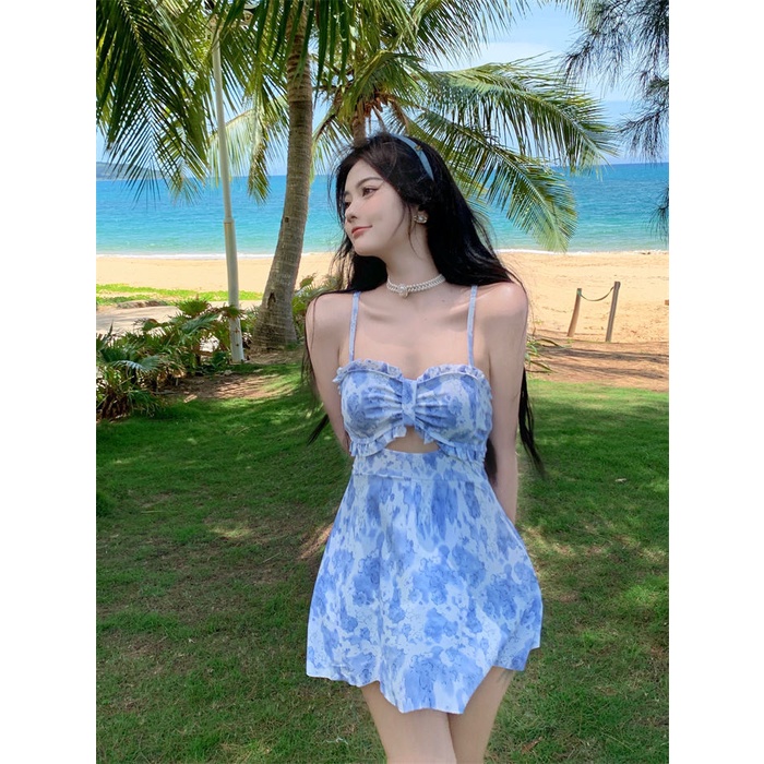 Đồ bơi bãi biển 1 mảnh liền thân hở lưng gầy ngực rỗng váy bơi nữ