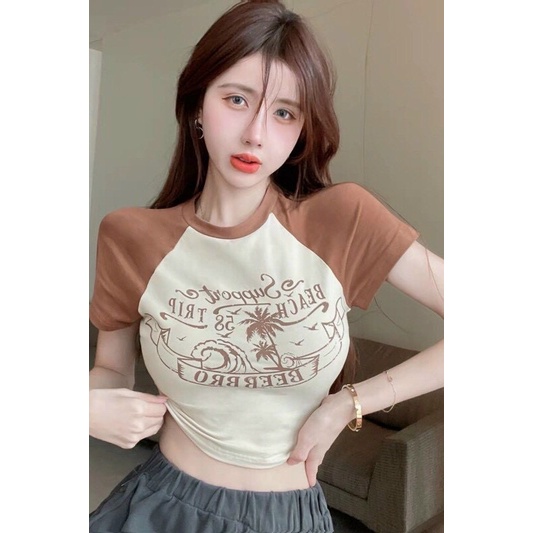 ÁO CROP TOP CAO BỒI IN MÀU NÂU N3